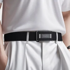Men black canvas belt with metal automatic buckle stylish casual trouser waist belt for daily.