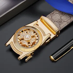Luxury mens automatic buckle leather belt featuring golden cross wheel design stylish