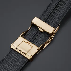 Men's automatic buckle leather belt, black genuine leather with gold metal buckle.