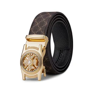 Men's luxury leather belt with golden automatic buckle and stylish monogram pattern strap.
