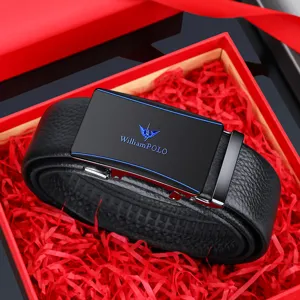 Heren lederen automatische gesp riem met luxe geschenkdoos, zwarte mode business taille riem.
