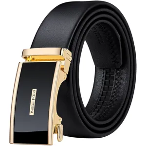 Cintura automatica da uomo in pelle nera per affari e tempo libero con elegante fibbia dorata.