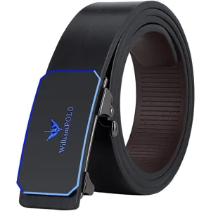 Men's automatic buckle genuine leather belt with blue trim for men's business daily wear.