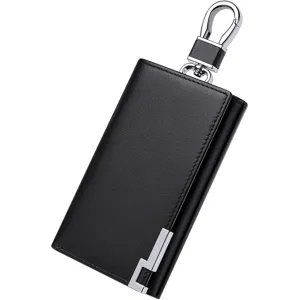 Estuche de cuero genuino para llaves de hombre, llavero de coche negro minimalista y elegante.