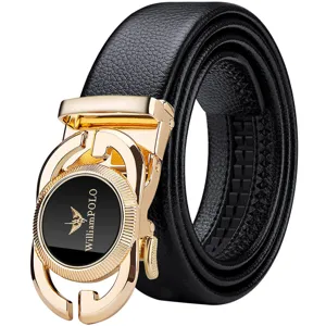 Ceinture en cuir pour homme avec boucle automatique dorée et sangle noire élégante.