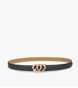 Detailed view of women's black leather belt with elegant rose gold double heart buckle.