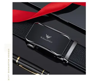 Men's genuine leather automatic buckle belt detail, luxury business casual style and texture.