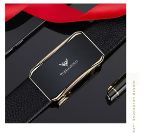Men's leather belt with automatic metal buckle, business casual style, high quality dress belt.