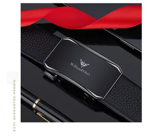 Detailed view of WilliamPOLO men leather automatic buckle belt in black, elegant and durable style.