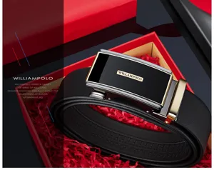 Vue détaillée de ceinture en cuir à boucle automatique pour homme, style affaires, coffret-cadeau.