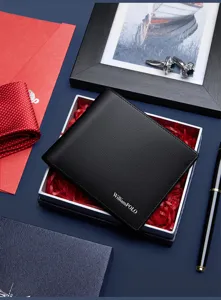 Cartera corta de cuero genuino para hombre negro tarjetero juego caja regalo lujo