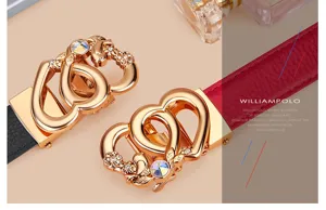 Women's genuine leather belt with stylish metal double heart buckle and sparkling crystal details.