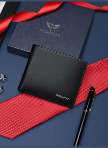 Billetera corta de hombre en cuero genuino negro, diseño de piel de vacuno con caja de regalo.