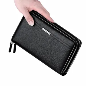 Portefeuille Long en Véritable Cuir pour Homme Affaires Grande Capacité Double Fermeture Éclair Pochette Cuir Vachette