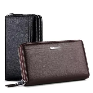 Portefeuille long en cuir véritable pour homme double fermeture éclair grande capacité pochette