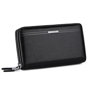 Portefeuille long pour homme en cuir véritable avec double fermeture éclair en noir