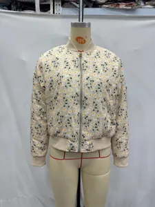 Floral print zip-up bomber jacket with ribbed collar, detailed view showing daisy pattern.
