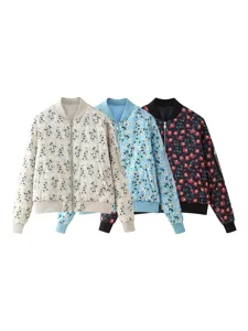 Women Casual Floral Print Padded Jacket Long Sleeve Zip Up Bomber Coat Winter Fashion Outerwear Polyester Warm Coat