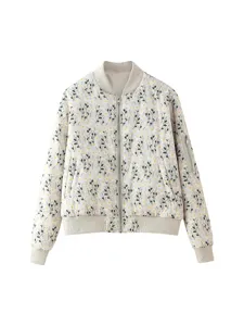 Women's floral printed zip-up bomber cotton jacket autumn casual daily outerwear detail.