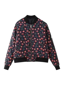 Women autumn floral print padded jacket bomber coat, long sleeve zip up casual outerwear.