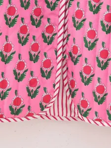 Damen floral gesteppte Jacke Detailansicht, rosa Baumwollmantel mit rotem Blumenmuster.