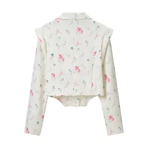 Back view of a chic floral cropped blazer, featuring a lapel collar and stylish irregular hem.