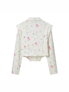 Floral print cropped blazer for women, stylish vacation style short suit jacket, back view.