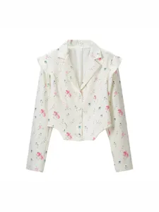 Stylish floral print cropped blazer jacket for women, trendy resort style fashion outerwear.