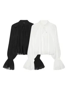 Dames Mode Lange Mouw Opstaande Kraag Blouse Elegante Effen Kleur Kant Patchwork Casual Overhemd