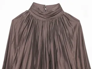 Women's autumn long sleeve elegant stand collar draped satin blouse shirt detail view