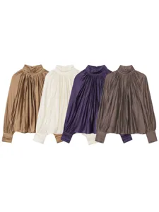 Women Elegant High Neck Pleated Satin Blouse Long Lantern Sleeve Glossy Shirt Solid Color Casual Vintage Office Wear Top