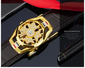 Luxus Herren Ledergürtel mit goldener Strass-Automatikschnalle und edlem Design.