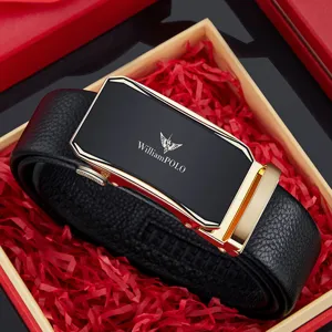 Men Automatic Buckle Genuine Leather Belt Business Casual Dress Belt Cowhide Ratchet Belt With Metal Buckle