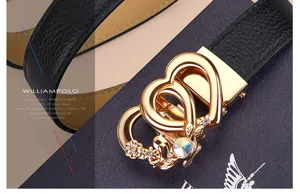 Women genuine leather belt stylish black strap with gold heart buckle dress accessory