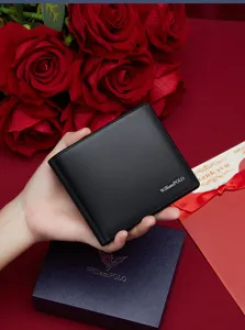 Cartera corta para hombre de cuero genuino de alta calidad en negro clásico, diseño elegante.