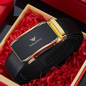 Men's genuine leather automatic buckle dress belt with luxury gift box packaging.