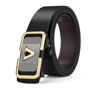 Cintura automatica in vera pelle da uomo, cintura in pelle bovina nera casual d'affari.