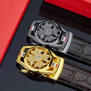 Herren Luxus Ledergürtel mit Strass Kreuz Automatik Schnalle und Rindsleder.