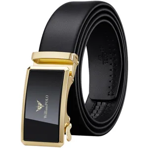 Heren zwarte lederen riem met gouden automatische gesp, business casual hoofdafbeelding.