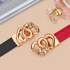 Women leather belt set gold double heart buckle stylish fashion dress waist belt.