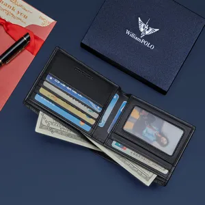 Cartera corta para hombre de cuero genuino negro con múltiples ranuras para tarjetas y billetes.