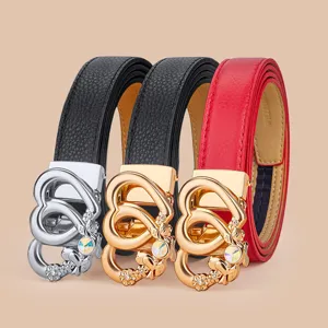 Women genuine leather belt with stylish heart shaped rhinestone metal buckle set of three colors.