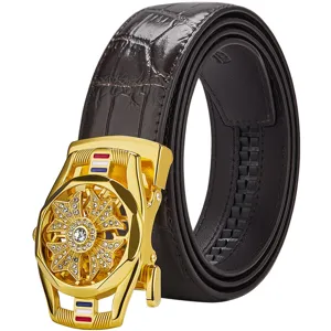 Herren Echtleder Business Gürtel mit luxuriöser goldener Strass Automatikschließe.