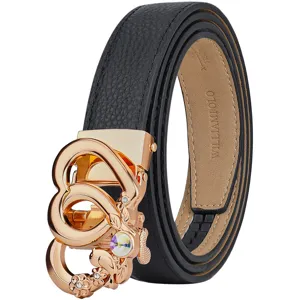 Women leather belt with rose gold heart floral buckle black fashion dress belt stylish accessory