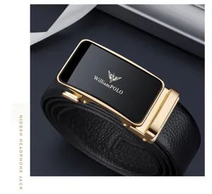 Ceinture en cuir noir pour homme WilliamPOLO avec boucle automatique en alliage doré détail.