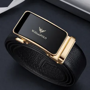 Ceinture Automatique en Cuir Véritable pour Homme Sangle de Taille en Vachette Classique Ceinture à Cliquet en Métal Décontractée Cadeau Masculin