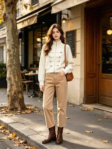 Detail of cream knit zip cardigan styled with brown denim trousers in autumn street setting.