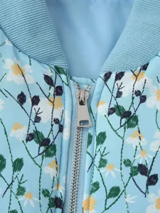 Detailed view of women's light blue floral printed padded jacket with zipper and collar.