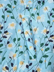 Close-up detail of light blue floral print women padded coat fabric pocket structure.