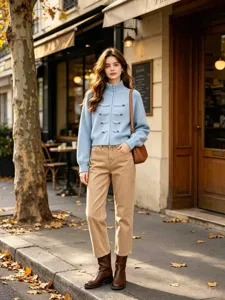 Close-up shot of the elegant light blue knit cardigan featuring chic zipper and buttons.